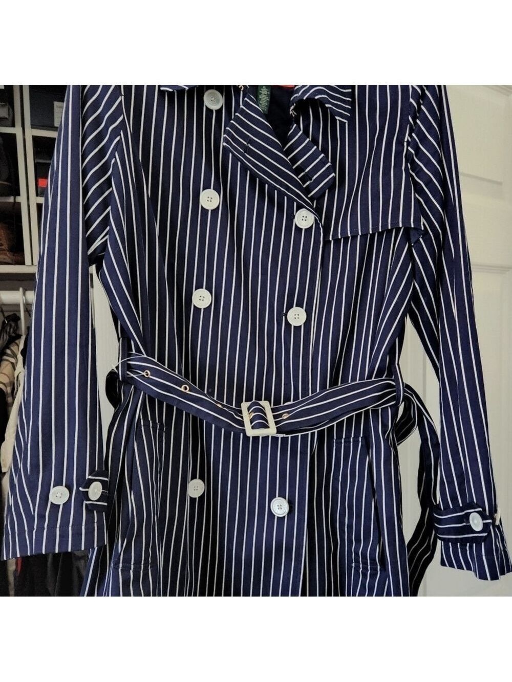 NEW LAUREN RALPH LAUREN NAVY/WHITE PINSTRIPE TRENCH SZ XL